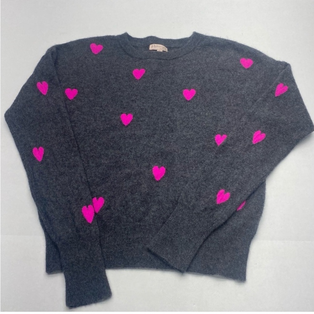Philosophy Cashmere Gray and Pink Heart Crew Neck Sweater W LG LUXURY MONEY LOVE